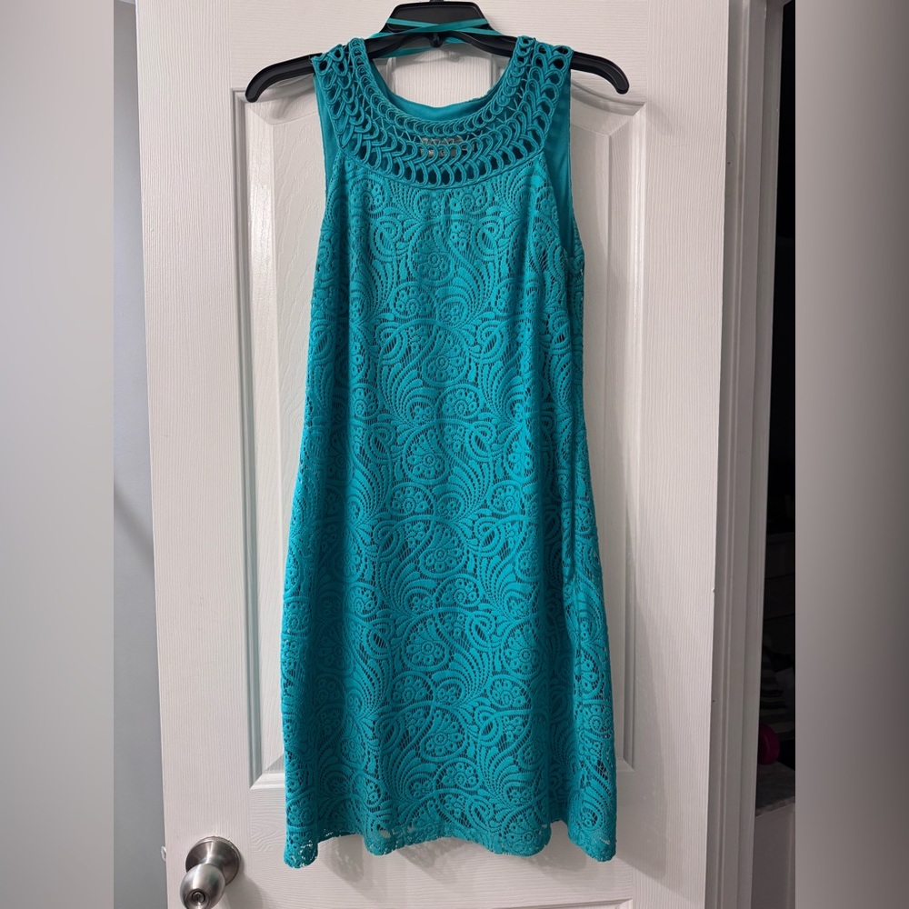 Eliza J Teal Crochet Lace Midi Dress